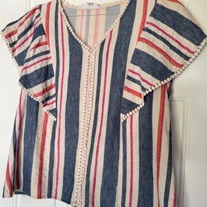 THML Beige Striped Top with Pom-Pom Detail